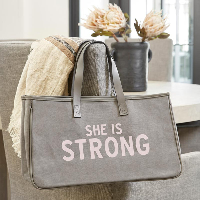 11" Large Canvas Tote with Genuine Leather Handles - She is Strong