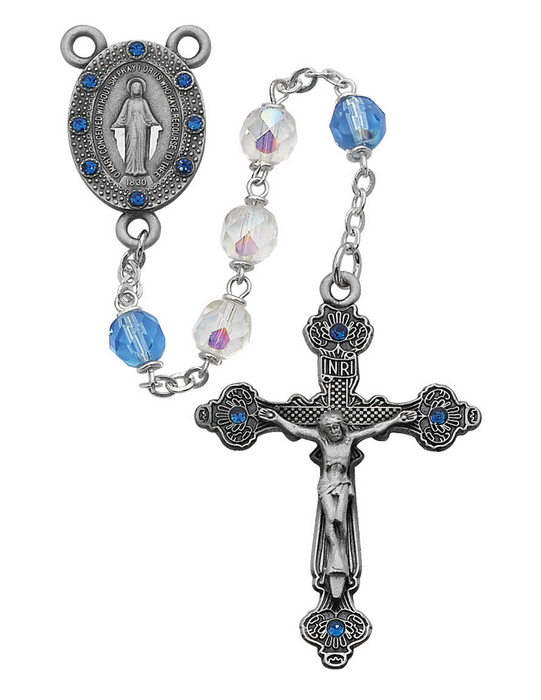 Crystal Rosary with 7mm White and Blue Beads