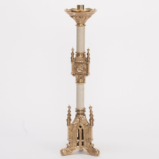 19" Large Altar Size Brass Candlestick With Marble Stems Polished Brass and Lacquered Gothic Candlestick w/ Marble Stems