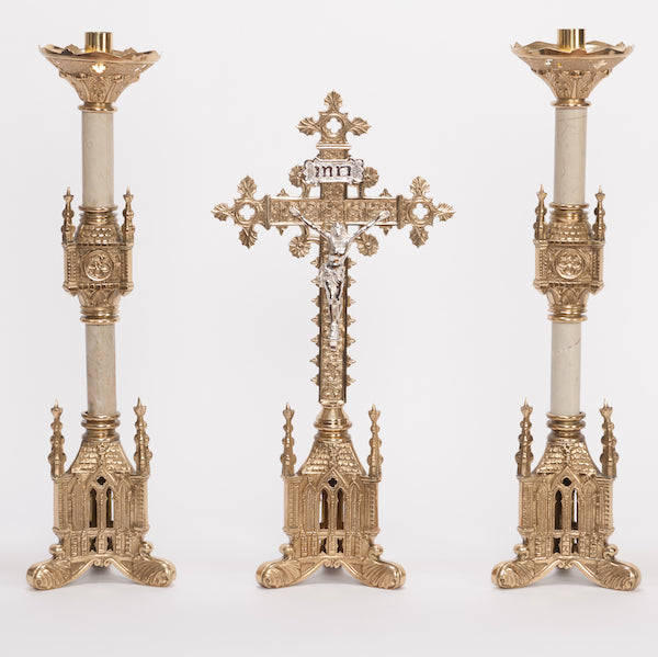 19" Large Altar Size Brass Candlestick With Marble Stems