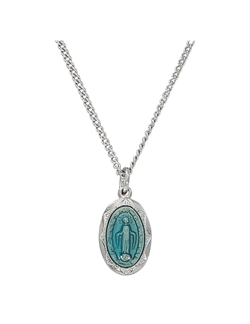 Medalla Milagrosa del Bebé en Plata de Ley Esmaltada Azul con Cadena Chapada en Rodio de 13"