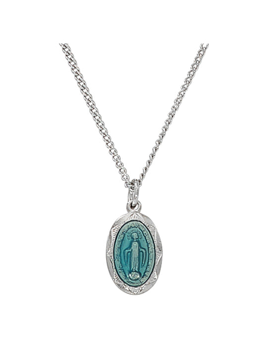 Baby Miraculous Medal Blue Enamel Sterling Silver w/ 13" Rhodium Plated Chain