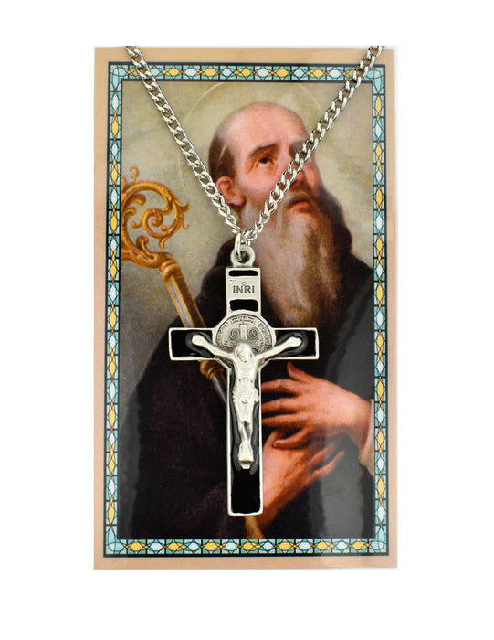 Medalla de crucifijo de peltre de San Benito con cadena plateada de 24" y tarjeta sagrada laminada