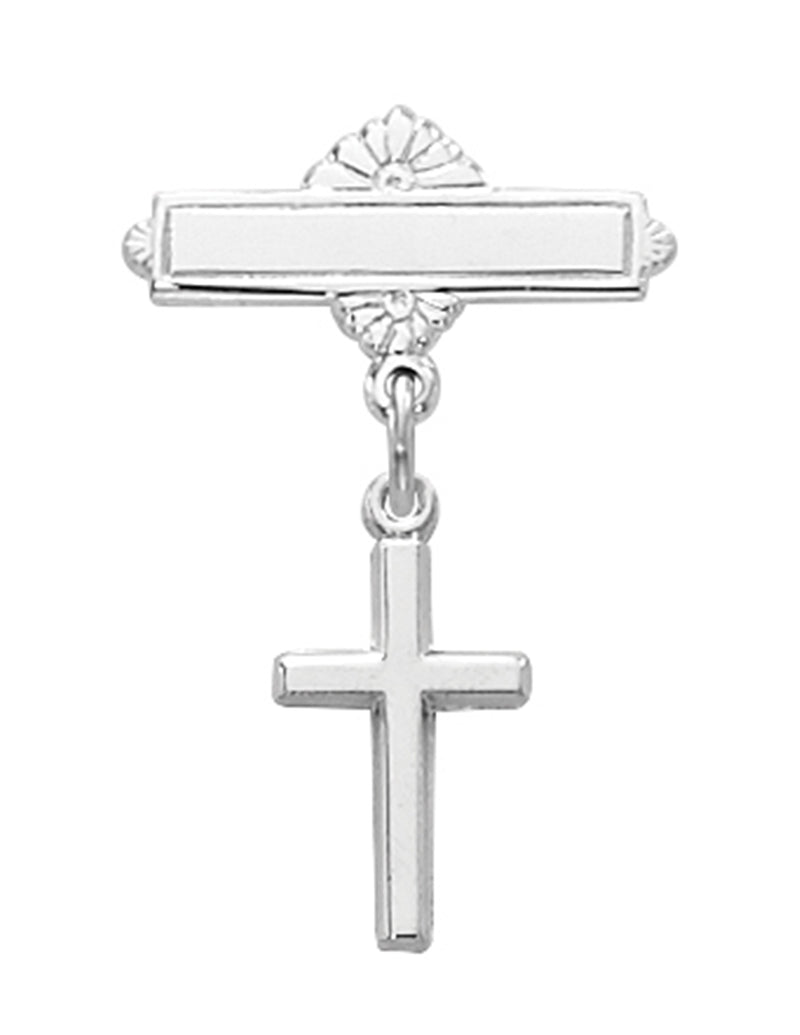 Alfiler de barra para bebé RF con cruz de plata de ley con caja de regalo con tapa color burdeos