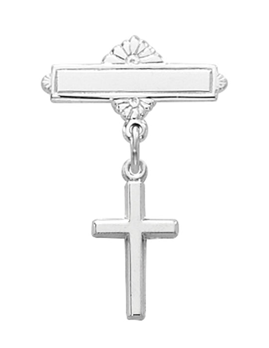 Sterling Silver Cross RF Baby Bar Pin w/ Burgundy Flip Gift Box