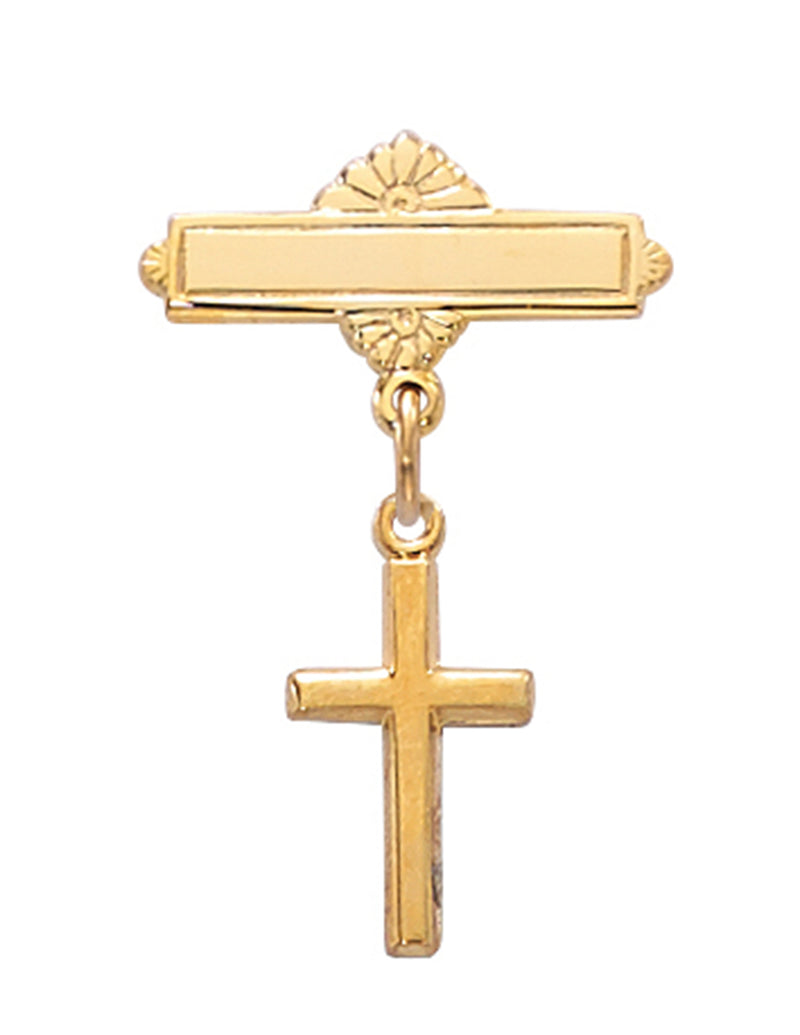 Alfiler para bebé con cruz de oro sobre plata de ley y caja de regalo con tapa color burdeos