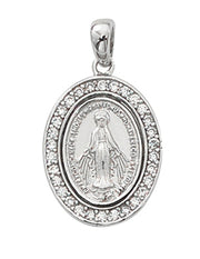 Miraculous Medal Sterling Silver with Crystal Stones and 18" Rhodium Plated Chain