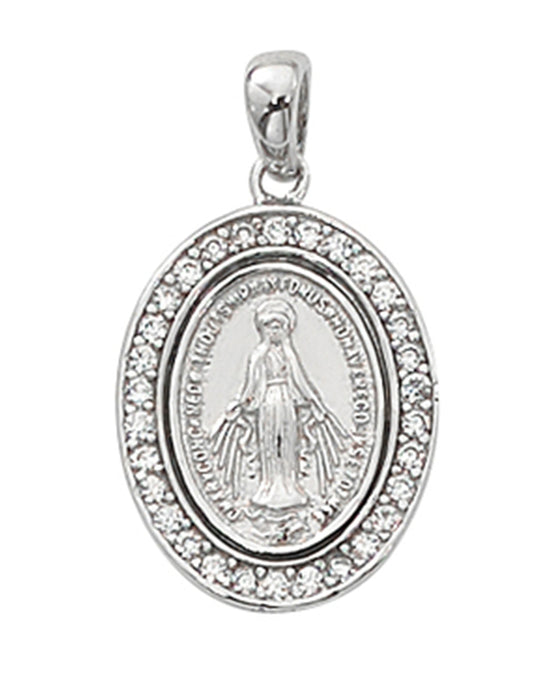 Miraculous Medal Sterling Silver with Crystal Stones and 18" Rhodium Plated Chain