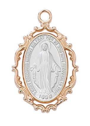 Miraculous Medal Sterling Silver and Rose Gold Plated Border with 18" Chain