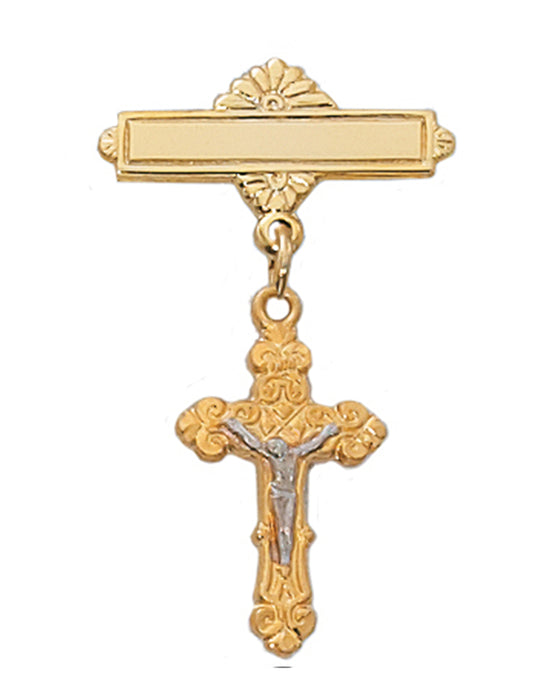 Pasador de barra para bebé con crucifijo de dos tonos en oro sobre plata de ley con caja de regalo con tapa