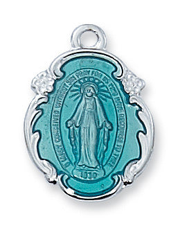 Miraculous Medal Sterling Silver Blue Enamel with 18" Rhodium Plated Chain