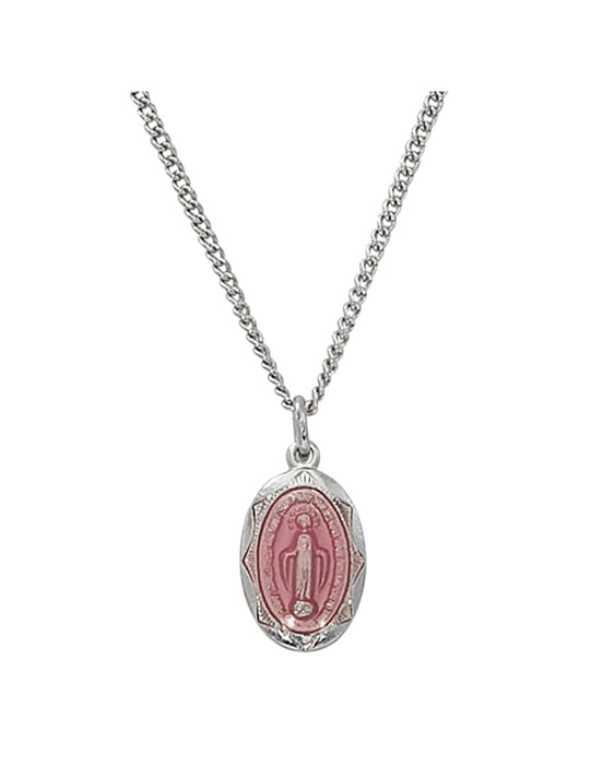 Baby Miraculous Medal Pink Enamel Sterling Silver w/ 13" Rhodium Plated Chain
