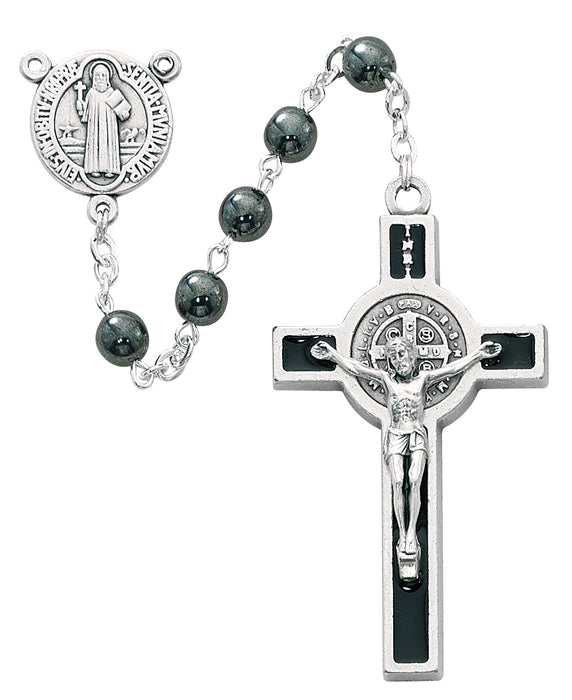 St. Benedict Medal Crucifix With 6mm Hematite Round Beads