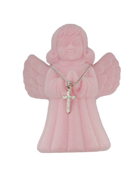 Crucifix Baby Sterling Silver with 13" Rhodium Plated Chain with Pink Angel Box