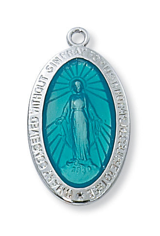 Miraculous Medal Sterling Silver Blue Enamel with 18" Rhodium Plated Chain