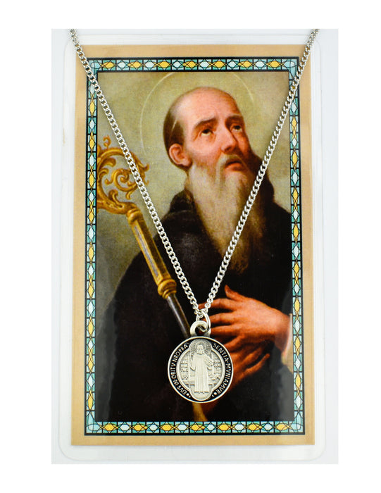 Medalla de peltre esmaltado en negro de San Benito con cadena plateada de 18" y tarjeta sagrada laminada