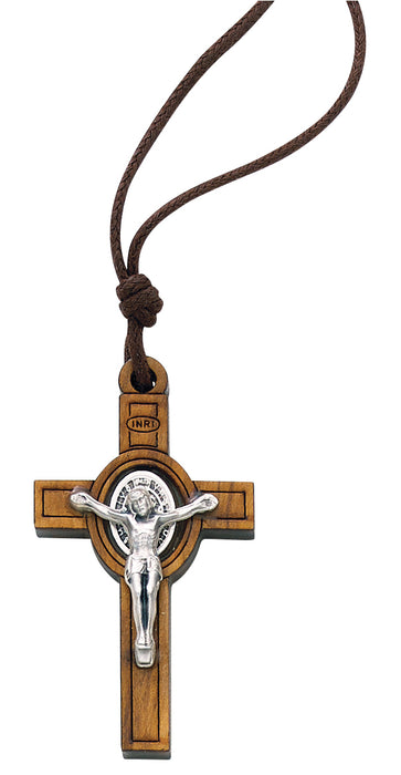 St. Benedict Silver Medal in Olive Wood Pendant
