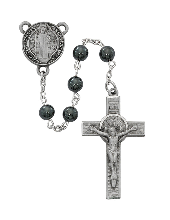St. Benedict Pewter 6mm Hematite Beads in Crucifix Medal and Center
