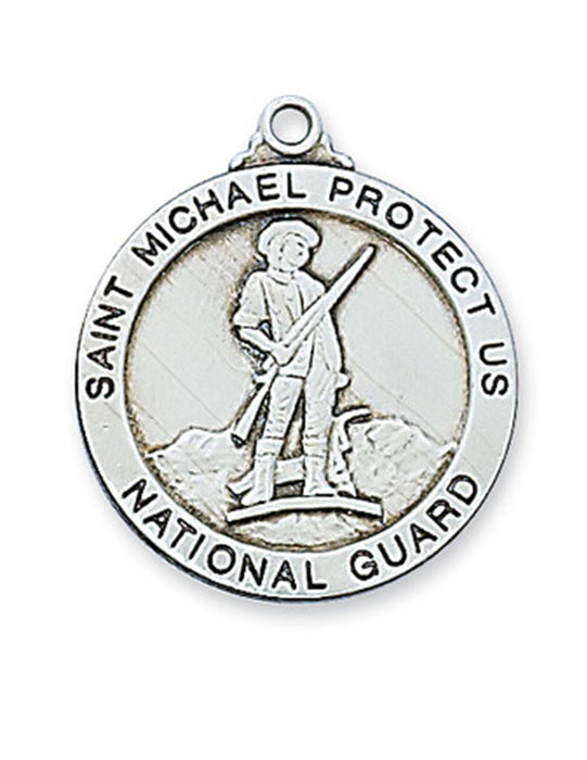 Patron St. Michael National Guard Medal Engravable Sterling Silver with 24 inch Rhodium Plated Chain