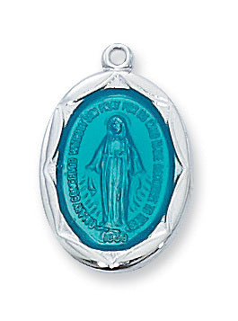 Miraculous Medal Blue Enamel Sterling Silver with 18" Rhodium Plated Chain