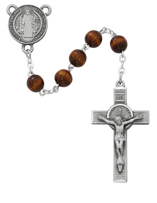 St. Benedict Pewter 7mm Brown Wood Beads in Crucifix Medal and Center