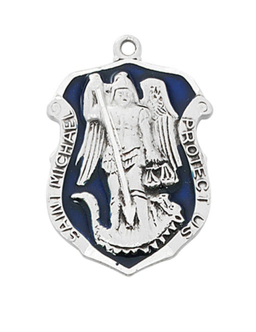 Patron St. Michael Medal | Badge Sterling Silver w/ Blue Enamel and 24" Rhodium Plated Chain Military Protection St. Michael Armed Forces Protection Armed Forces Guidance
