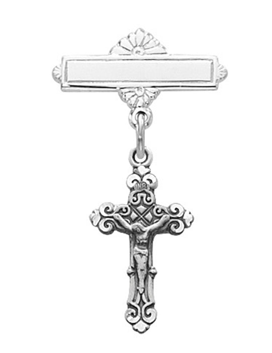 Sterling Silver Crucifix RF Baby Bar Pin w/ Bright Cuts and Flip Gift Box