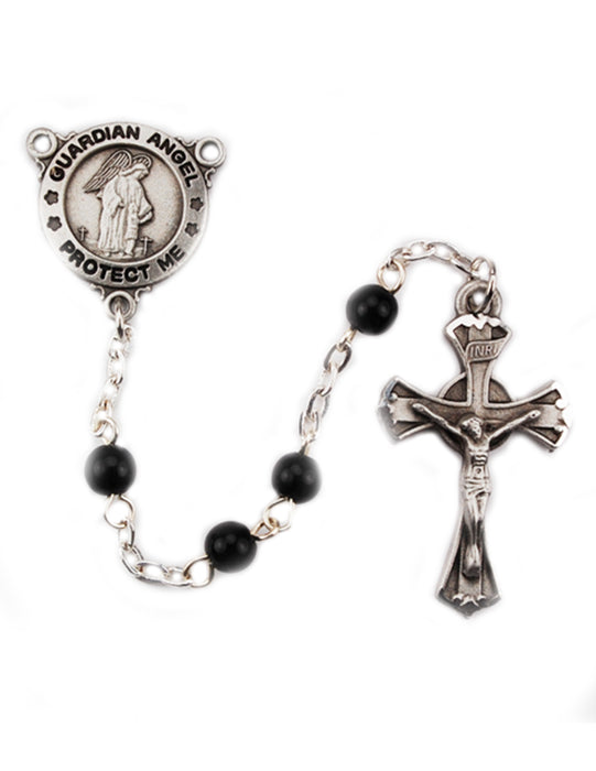 Pewter Crucifix and Engravable Guardian Angel Center Black Chaplet