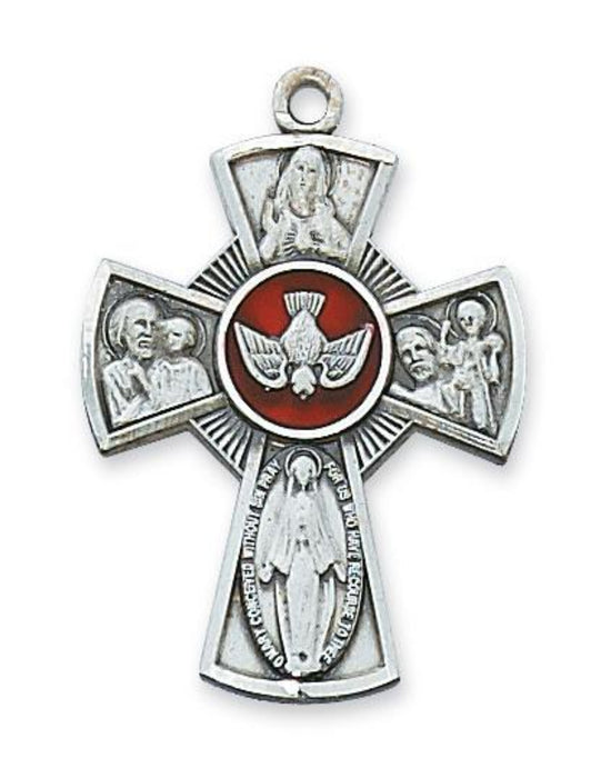 Four Way Medal Sterling Silver with Red Enamel and 24 inch Rhodium Plated Brass Chain
