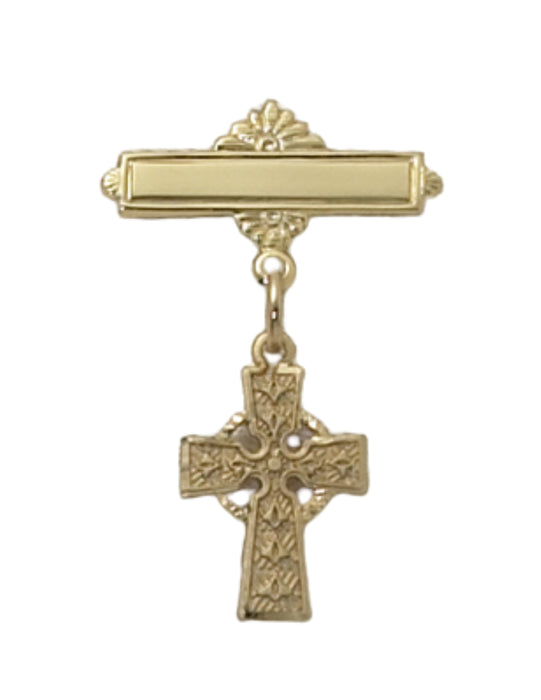 Gold Over Sterling Silver Cross Baby Pin w/ Burgundy Flip Gift Box