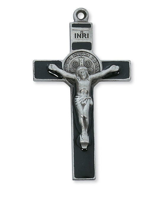 Medalla de peltre de San Benito en crucifijo esmaltado negro con cadena plateada de 24"
