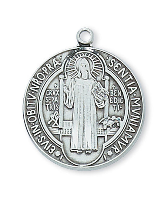 Medalla de plata de ley de San Benito con cadena chapada en rodio de 24"