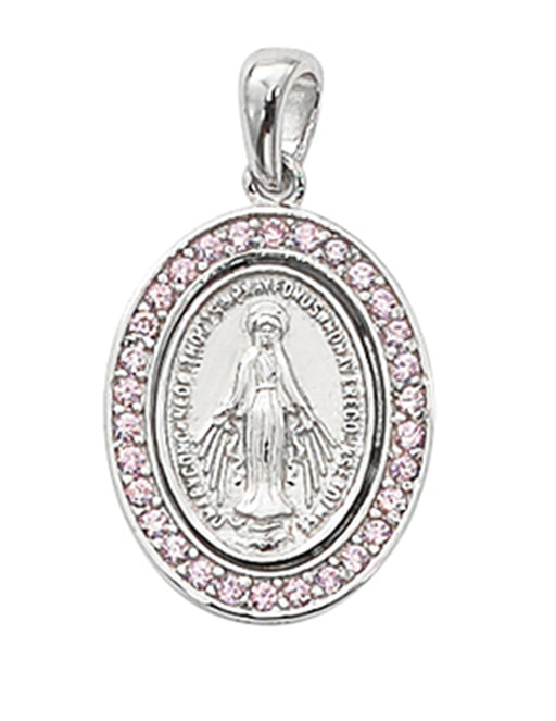 Miraculous Medal Sterling Silver with Pink Stones and 18" Rhodium Plated Chain