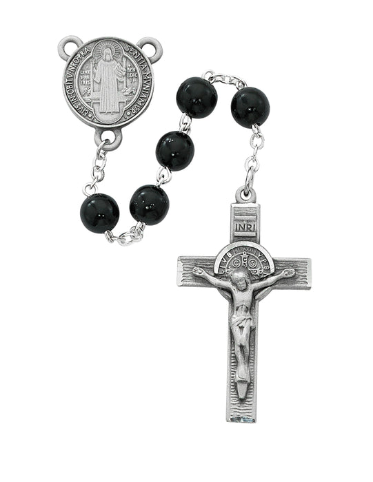 St. Benedict Pewter 7mm Black Wood Beads in Crucifix Medal and Center