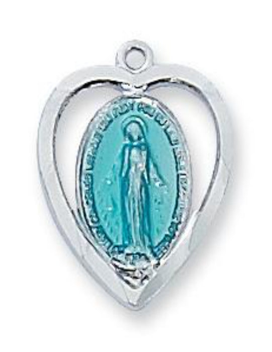 Miraculous Medal Sterling Silver Blue Enamel with 18 inch Rhodium Plated Chain
