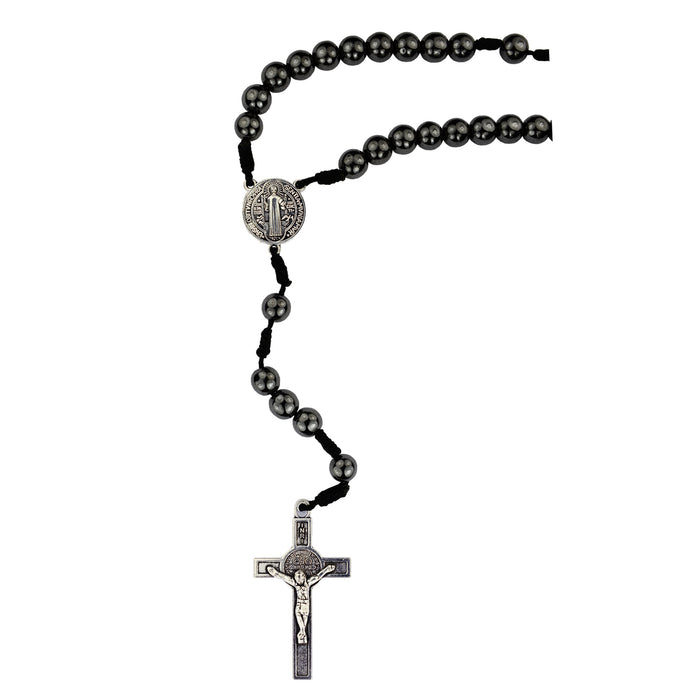 St. Benedict Hematite Beads with Silver Oxidized Center and Crucifix