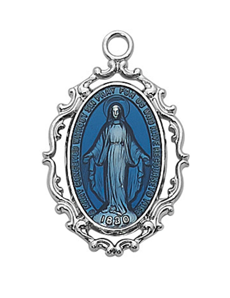 Miraculous Medal Blue Enamel Sterling Silver with 18 inch Rhodium Plated Chain