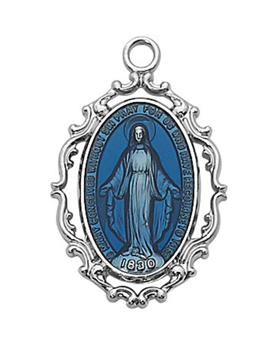 Miraculous Medal Blue Enamel Sterling Silver with 18 inch Rhodium Plated Chain