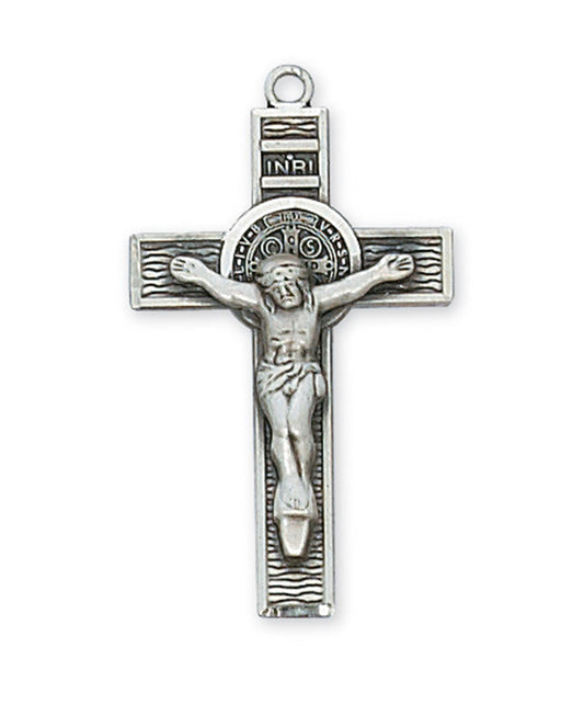 St. Benedict Sterling Silver Coin in Crucifix with 18" Rhodium Plated Chain