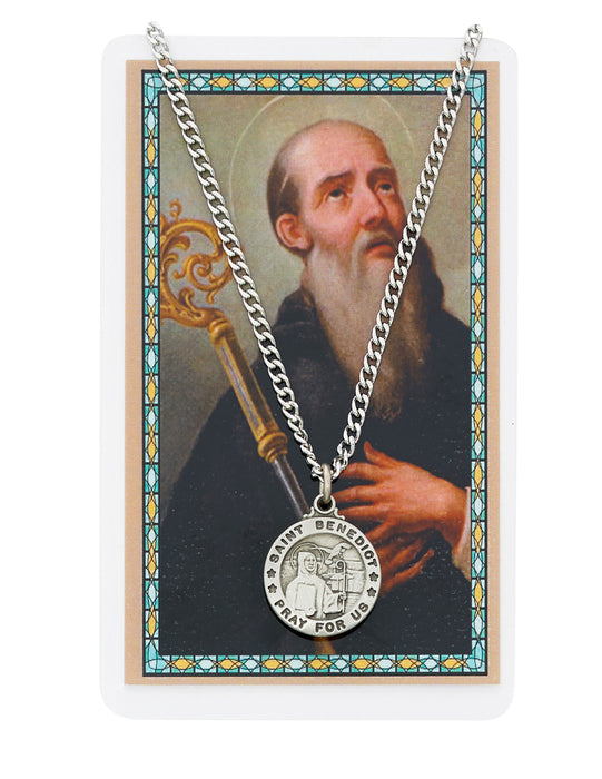 St. Benedict Prayer Card with Medal and 24" Silver Tone Chain