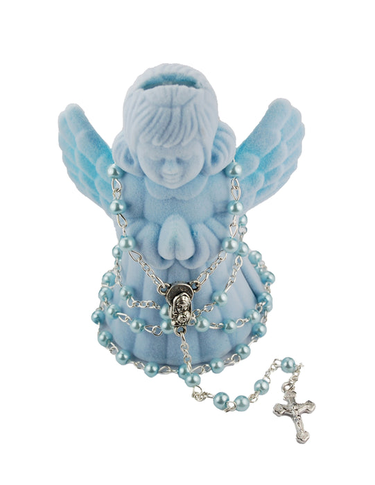 Silver Ox Crucifix and Center and 4mm Blue Pearl Rosary