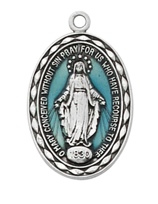 Miraculous Medal Sterling Silver with Blue Enamel and 18" Rhodium Plated Chain