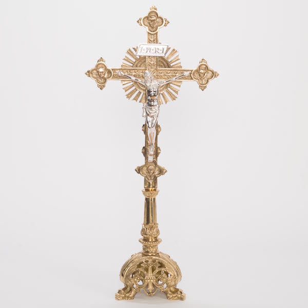 Juego de altar de crucifijo de 30" de latón macizo estilo barroco y candelabros de 17"
