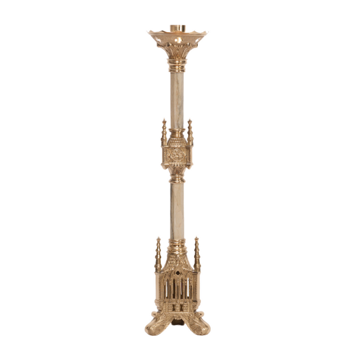 30" Traditional Gothic Style Candlestick with Marble Stem Polished Brass and Lacquered Candlestick with Marble stems.