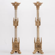 30" Traditional Gothic Style Candlestick with Marble Stem Polished Brass and Lacquered Candlestick with Marble stems.