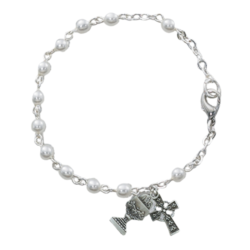 Pulsera Cáliz Comunión Perla 3mm Rodio