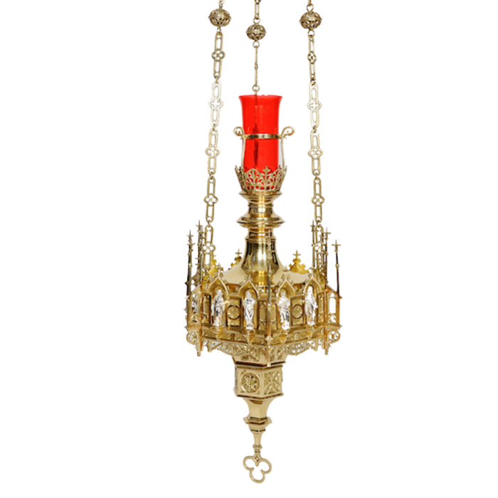 42" Large Hanging Sanctuary Lamp Large hanging Sanctuary Lamp. Surrounded with 4" tall silver plated 12 Apostles statues Sanctuary Lamp