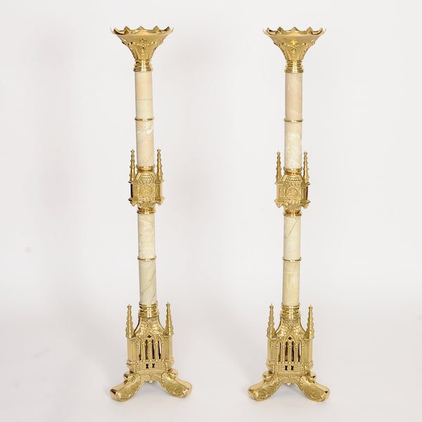 42" Large Altar Size Brass Candlestick With Marble Stems Large size Marble Candlestick embellished with marble stems