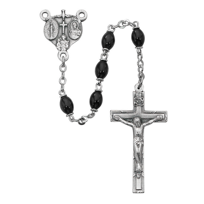 4x6mm Oval Black Glass Beads Four Way Medal Silver Ox Rosary