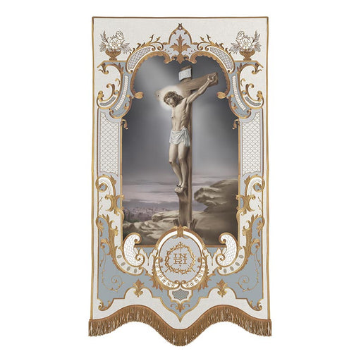 58" H Crucifixion Vintage Banner with Gold Embroidered Accents and Fringes